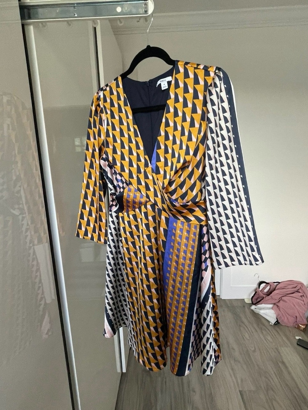 Bar III Geometric Wrap Dress in Mustard, Navy, Pink & Cream